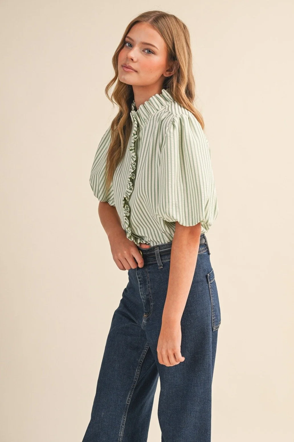 Ruffle Collar Button Front Blouse Mint Seersucker