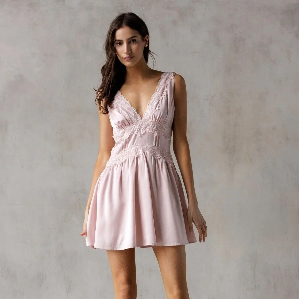 Lace Trim V-neck Mini Dress Blush Satin