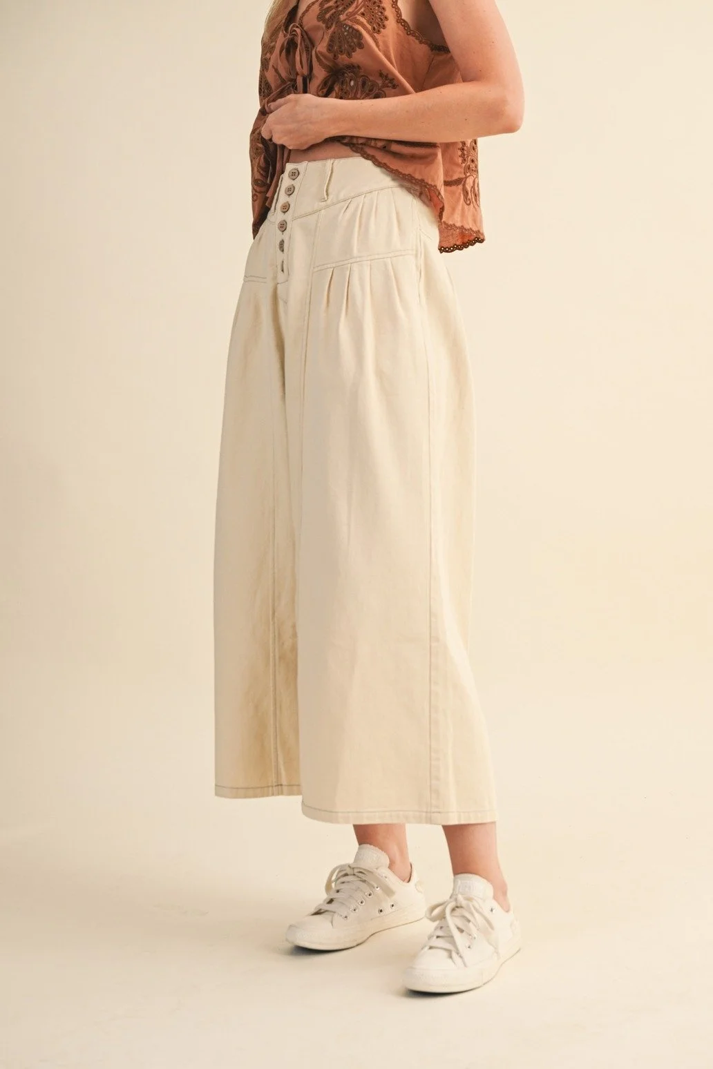 Cotton Twill Pleat Front Pants Cream