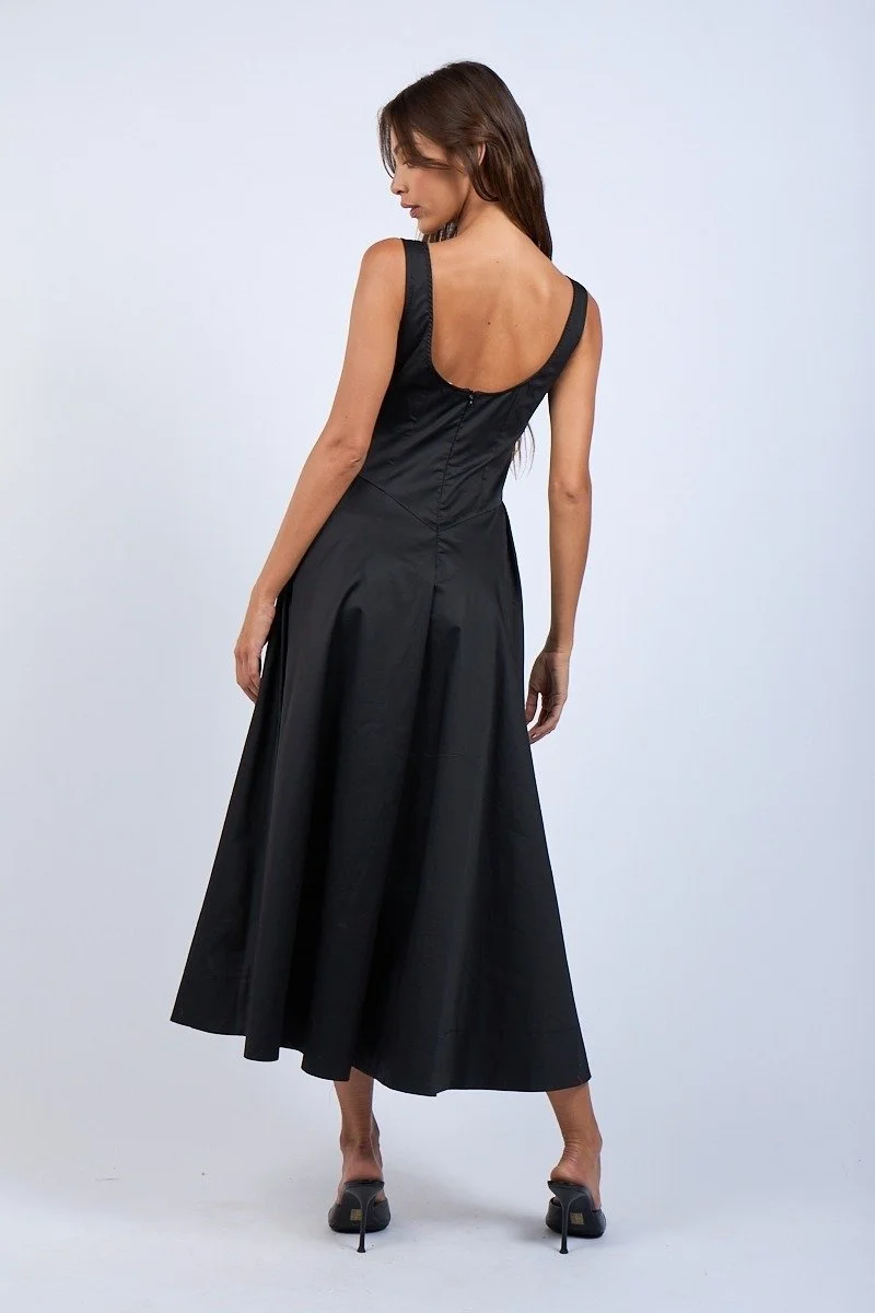 Boatneck Basque Waist Midi Dress - Black