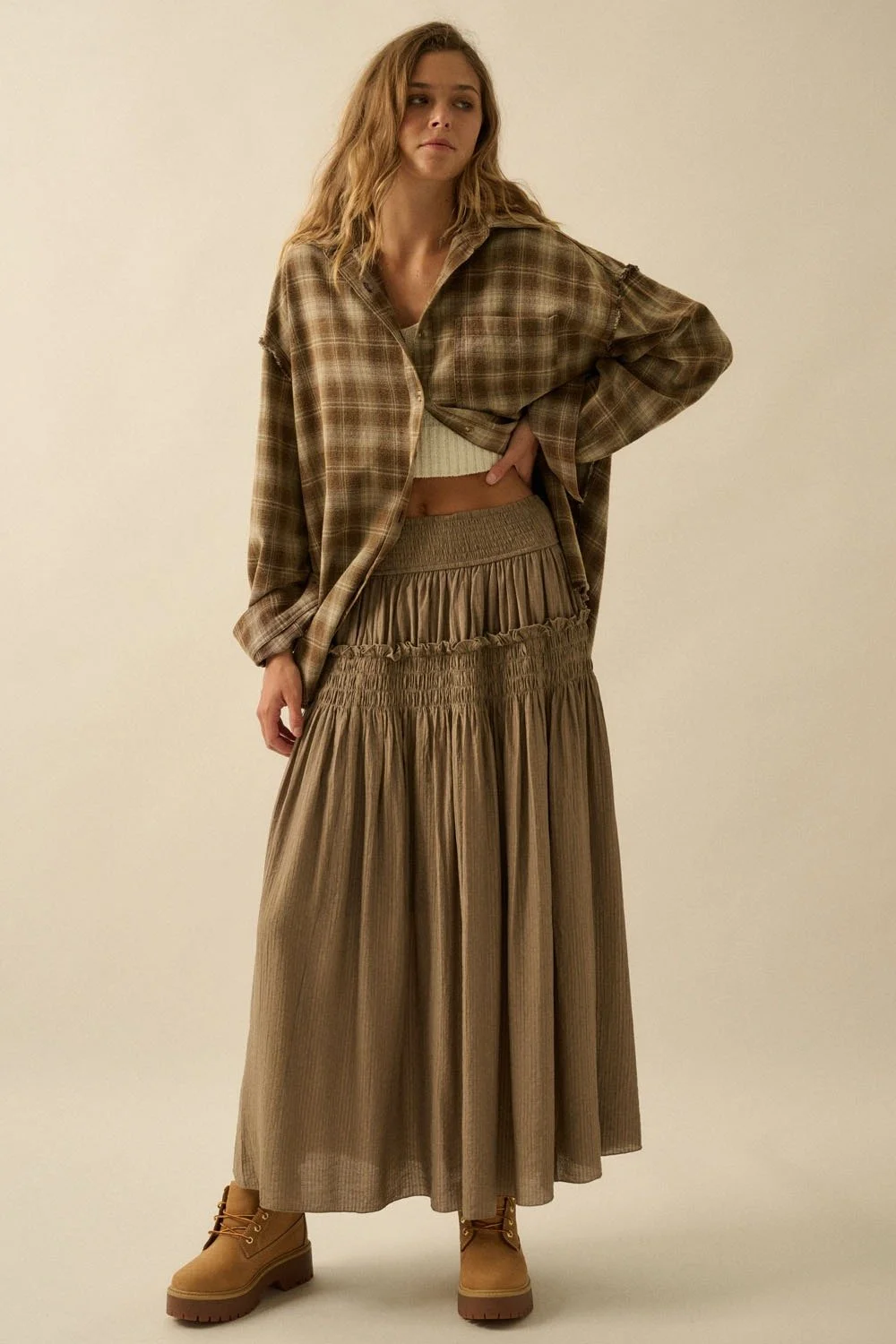 Smocked Drop Waist Maxi Skirt Stone