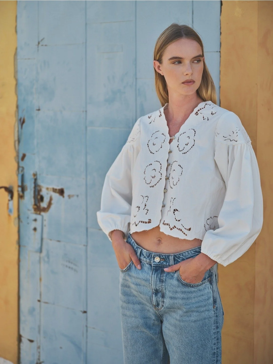 Embroidered Flower V-neck Button Blouse White