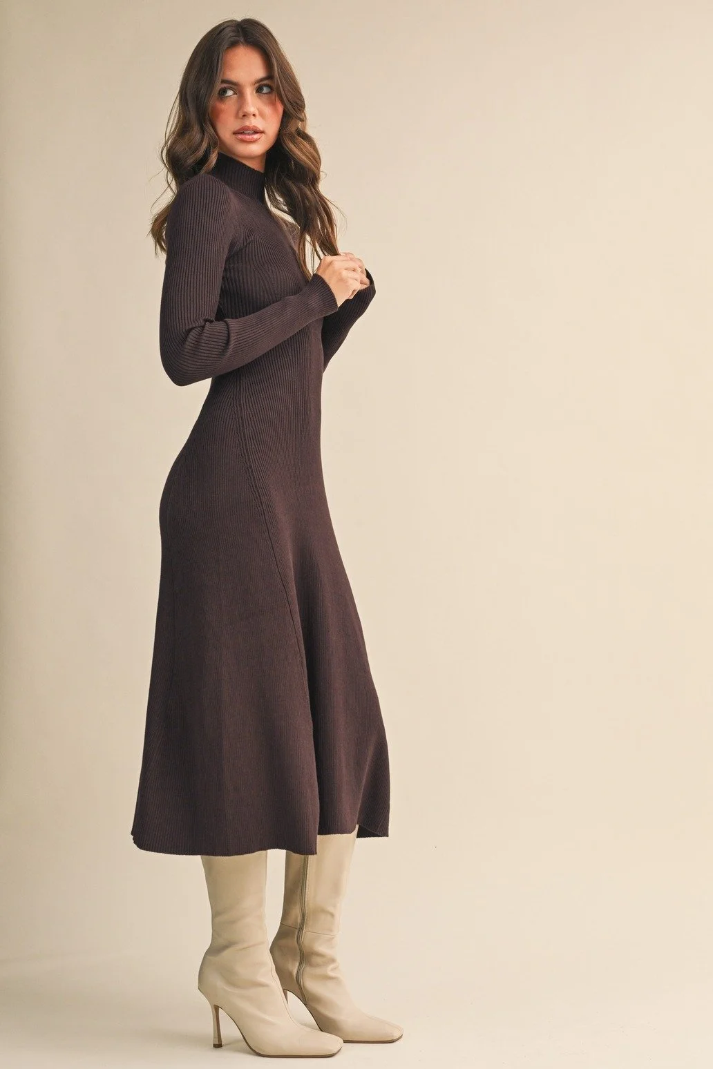 Mock Neck Ribbed Midi Dress Dark Chocolate