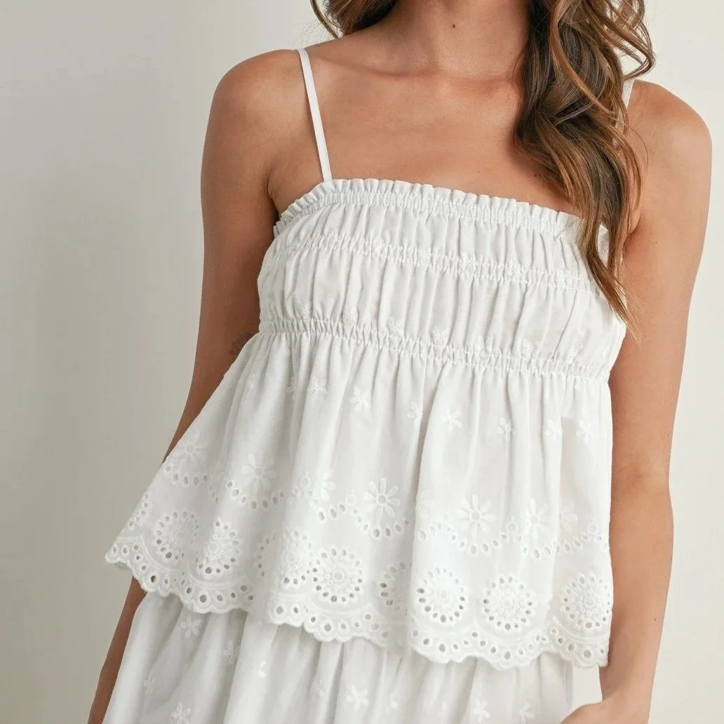 Eyelet Ruffle Smocked Top White