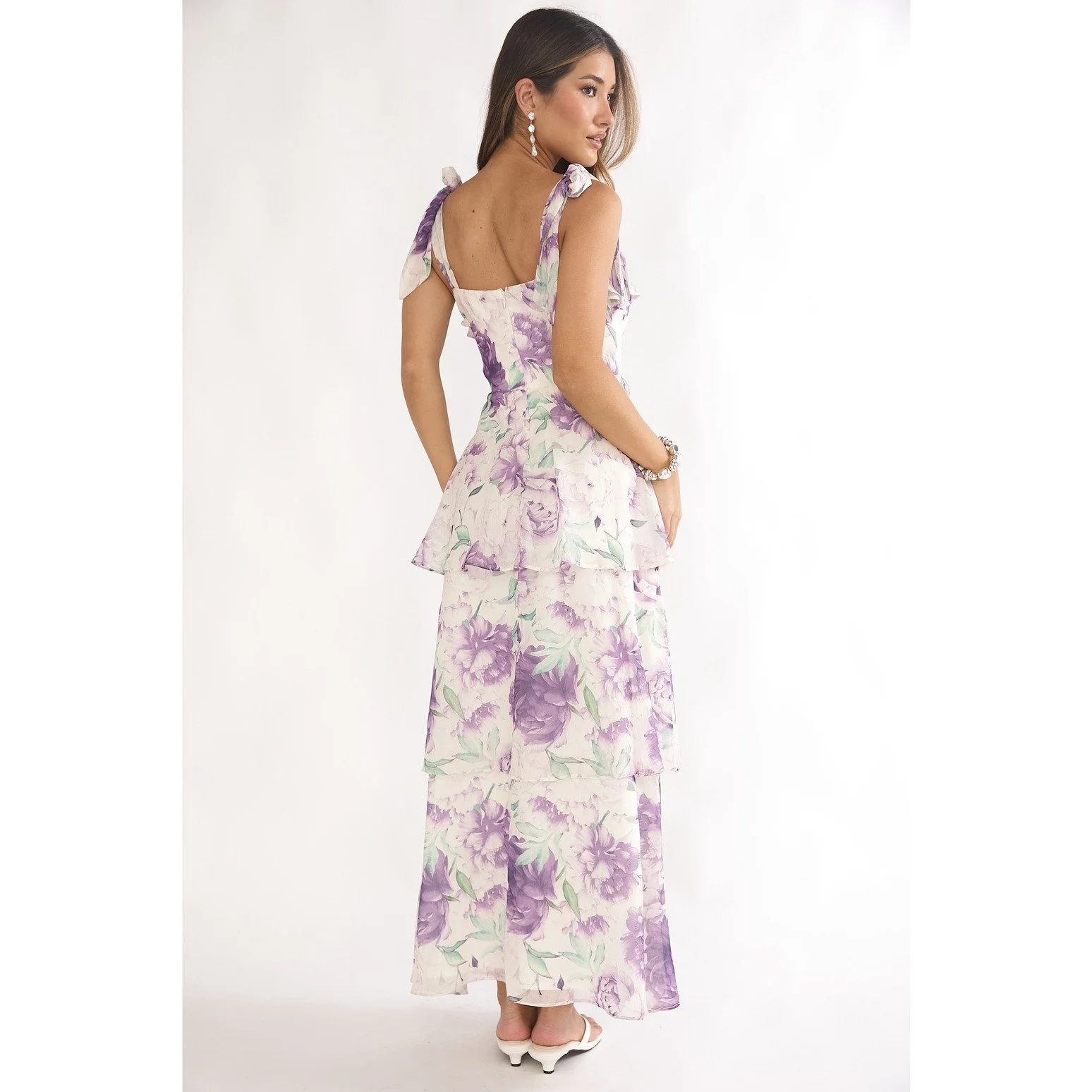 Tie Shoulder Tiered Maxi Dress Purple Floral