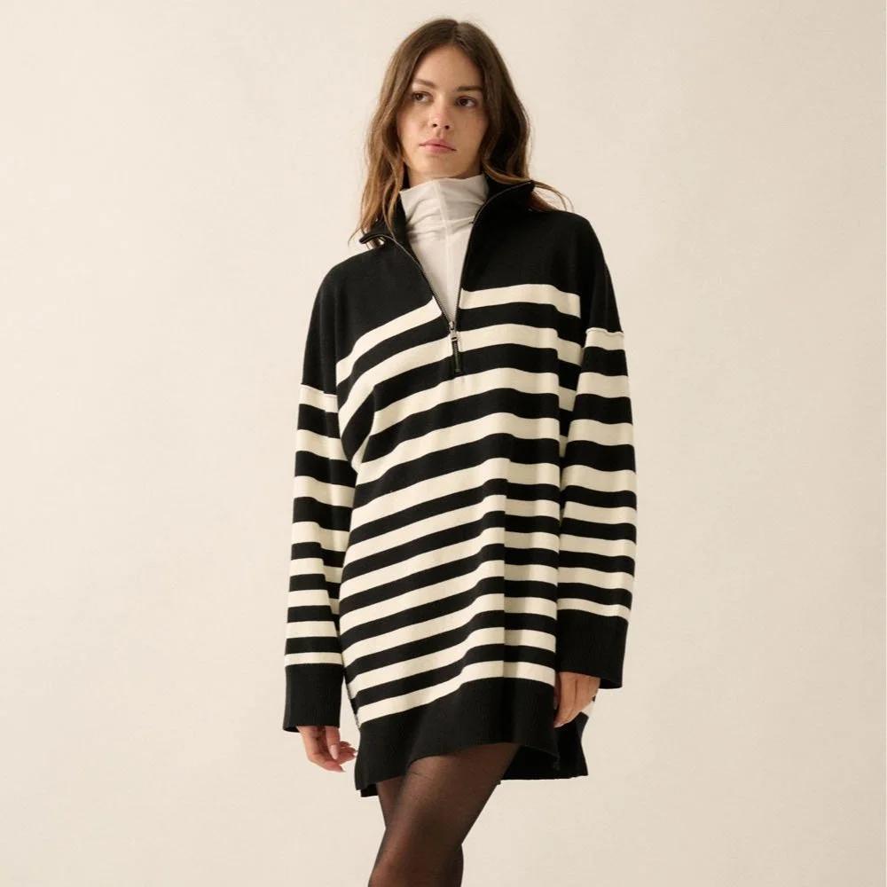Collared Half-Zip Sweater Dress Black & Cream Stripe