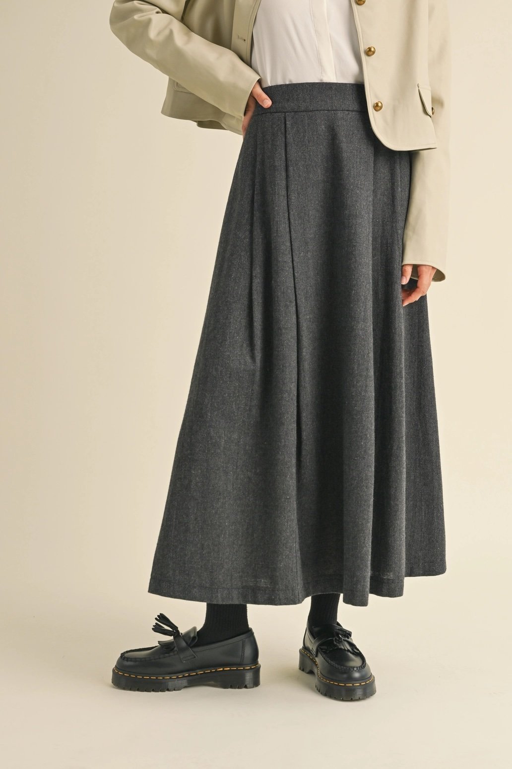 Pleated Tweed Midi Skirt Charcoal