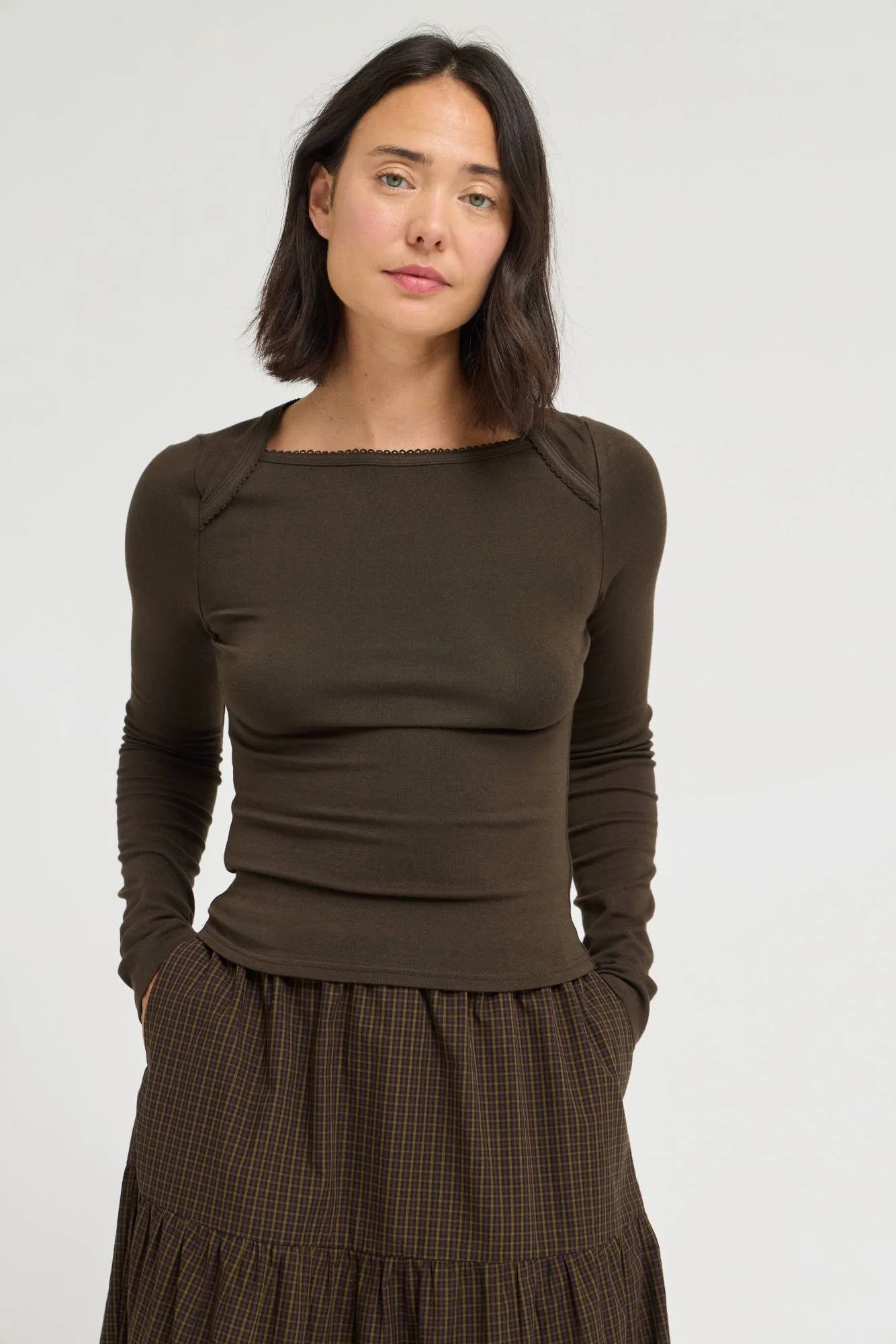 Overlap Neck Long Sleeve Tee Asphalt