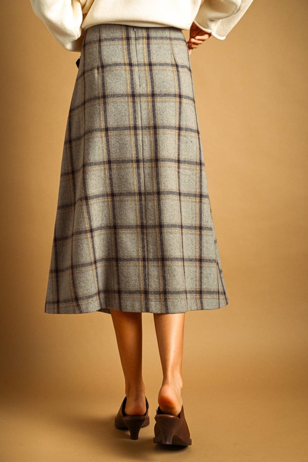 Pleated Midi Wrap Skirt Gray Multi Plaid