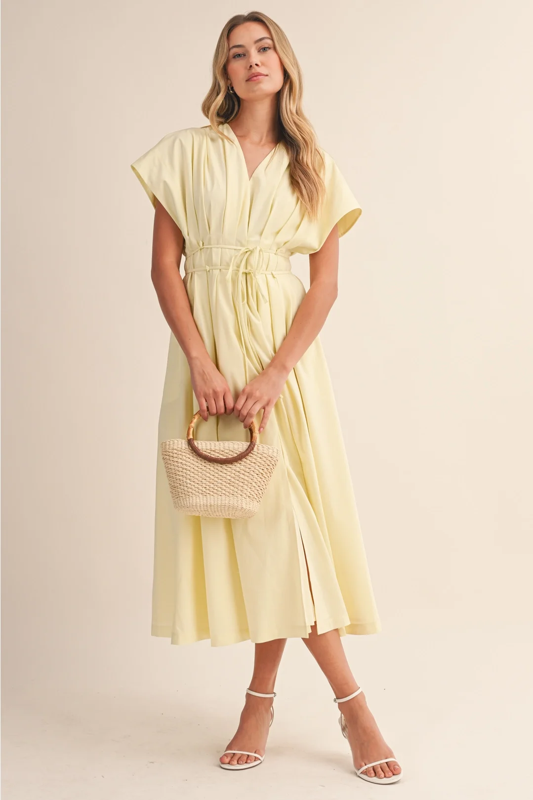 V-neck Pleated Button Down Midi Dress Butter