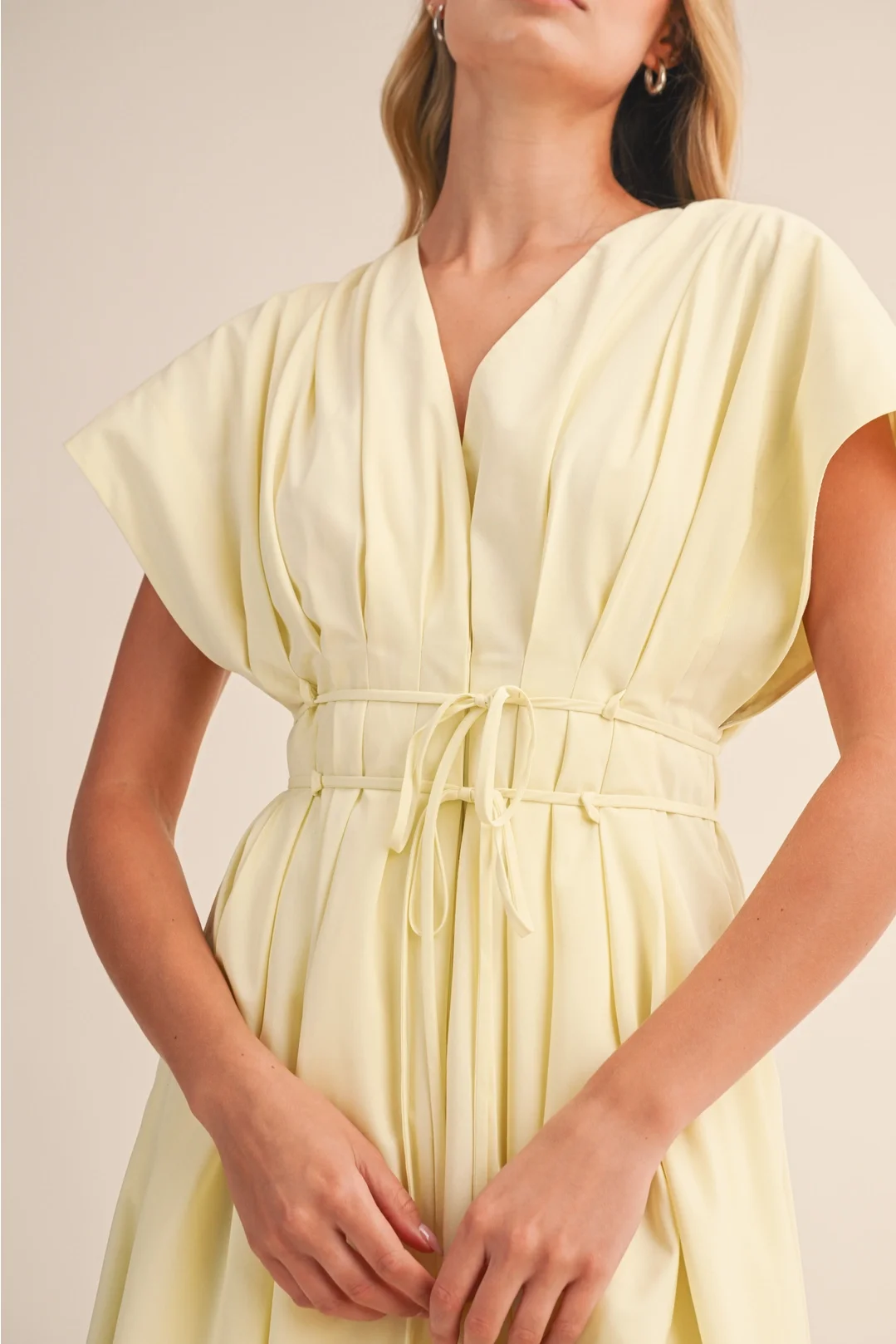 V-neck Pleated Button Down Midi Dress Butter
