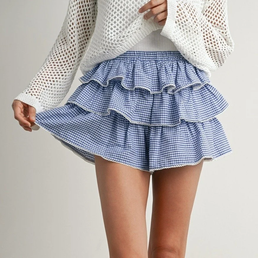 Tiered Ruffle Mini Skort Blue Gingham