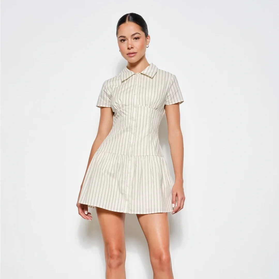 Loretta Shirt Mini Dress Beige Stripe