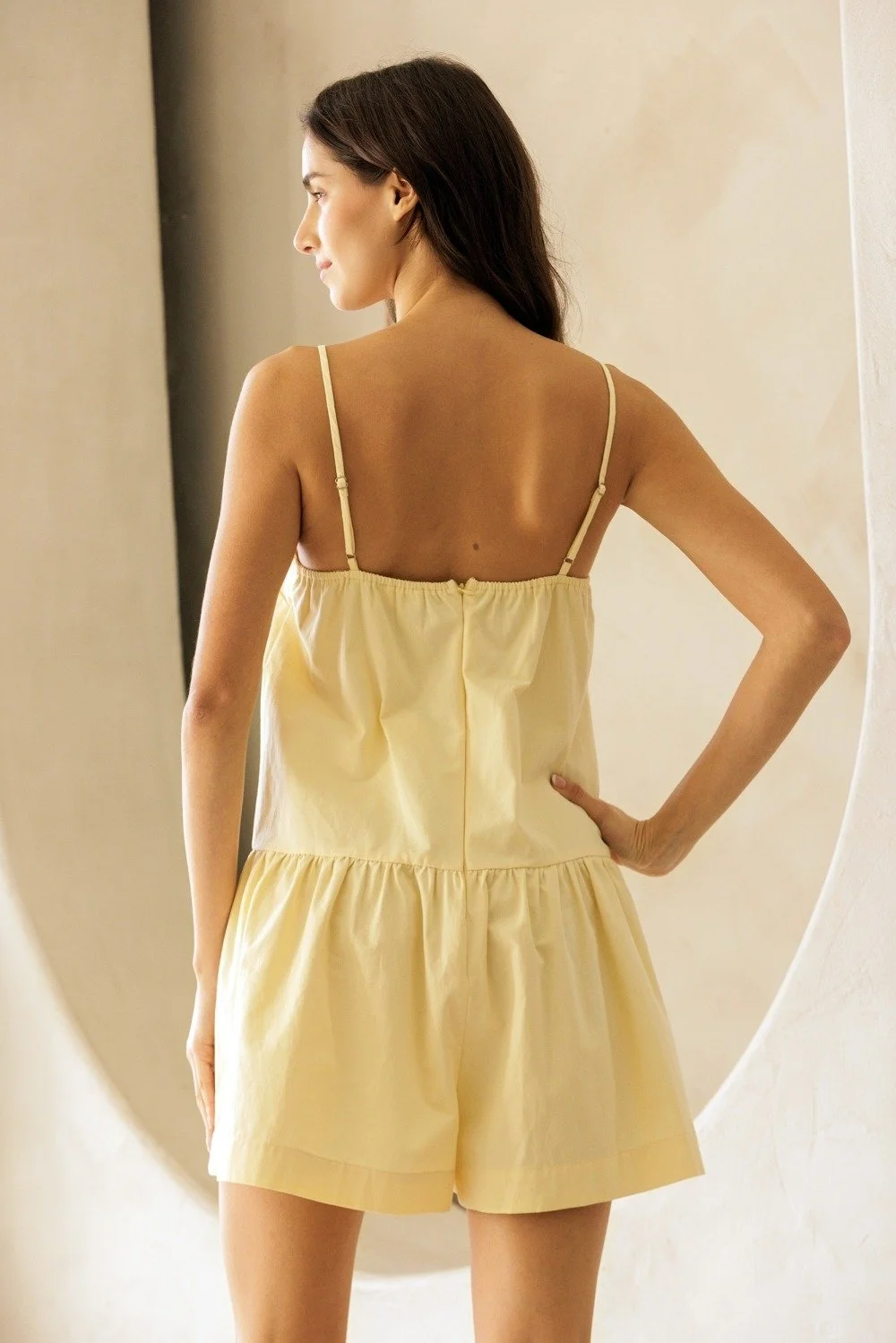Ruffled Notch Neckline Romper Butter Yellow