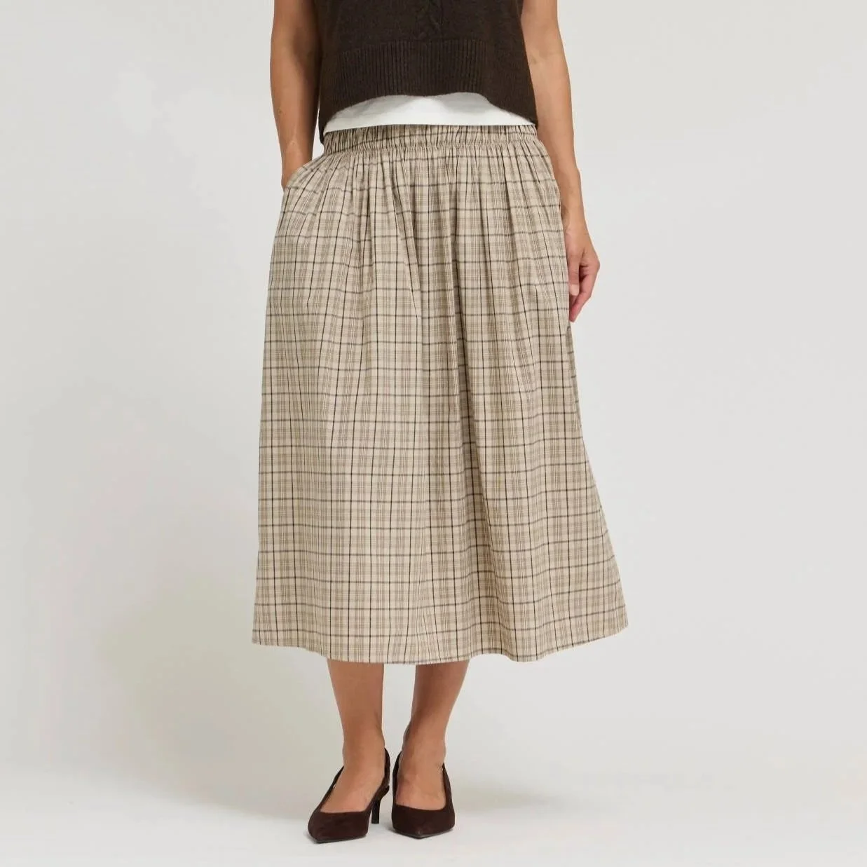 Plaid Smocked Waist Midi Skirt Cream