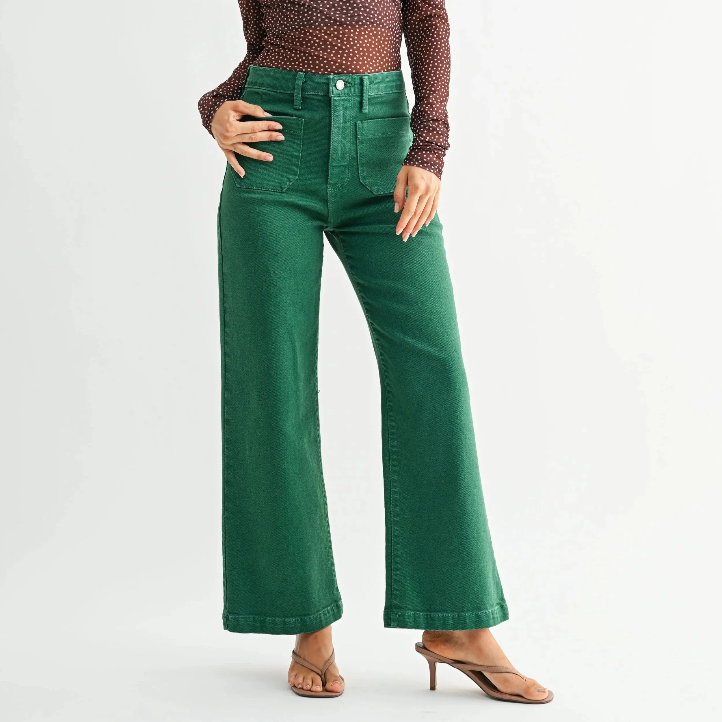 Patch Pocket Wide Leg Jeans Green
