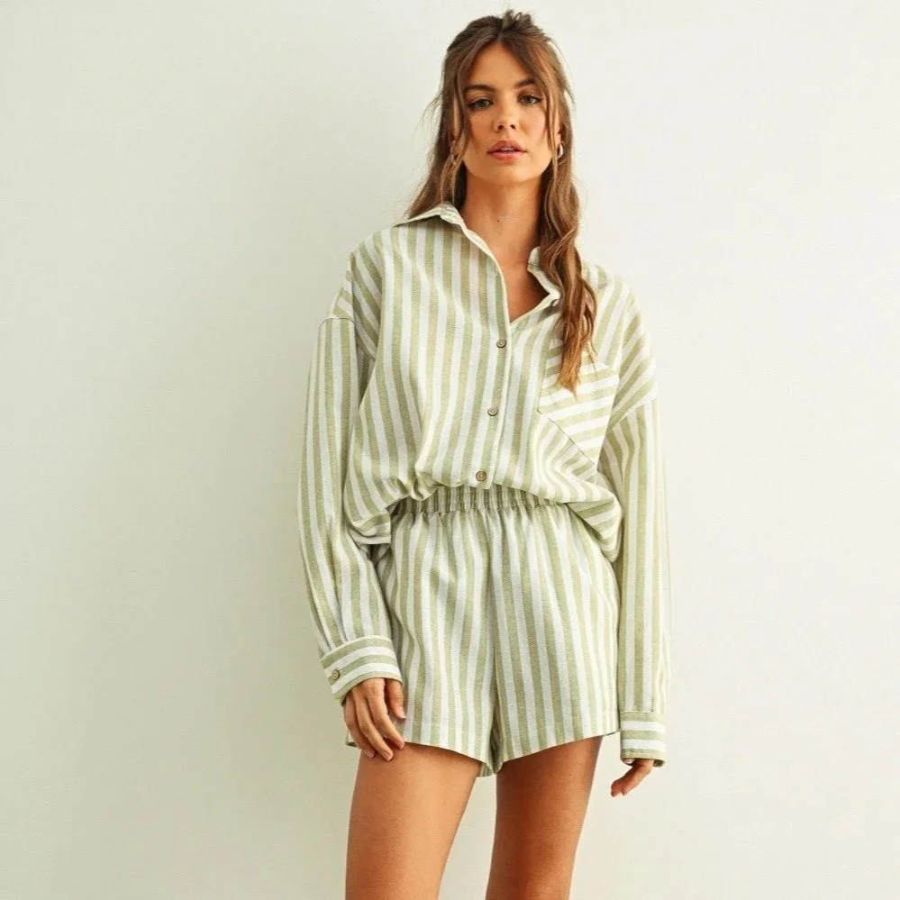 Linen Collared Button Down Sage & White Stripe