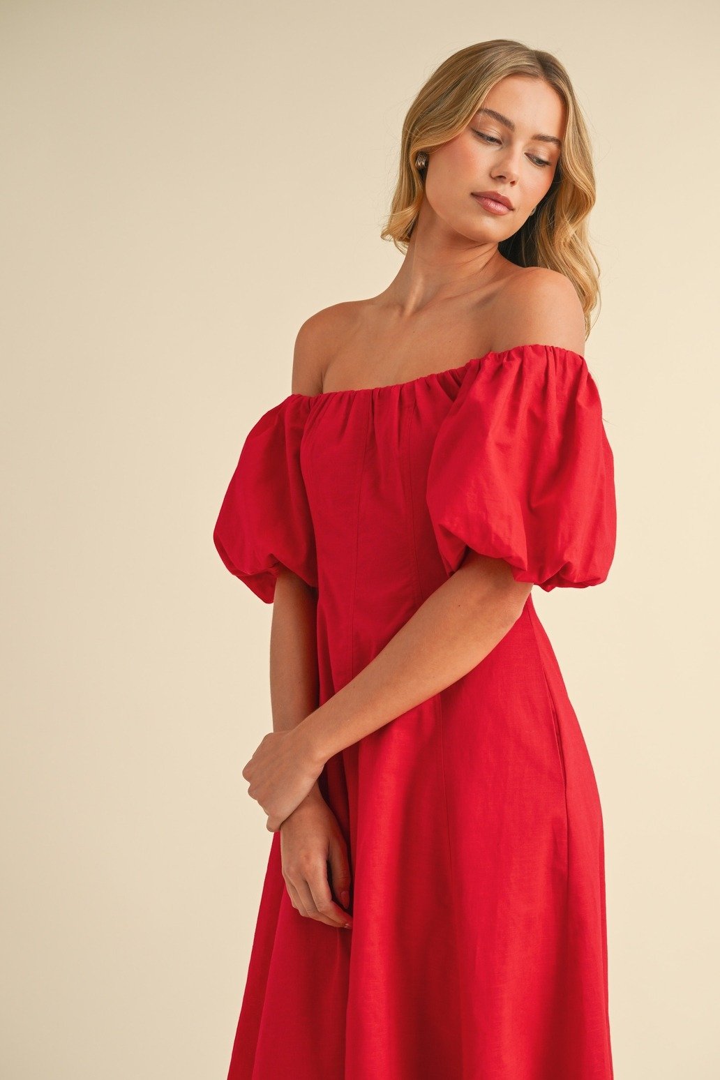 Puff Sleeve Off-Shoulder A-line Midi Dress Red