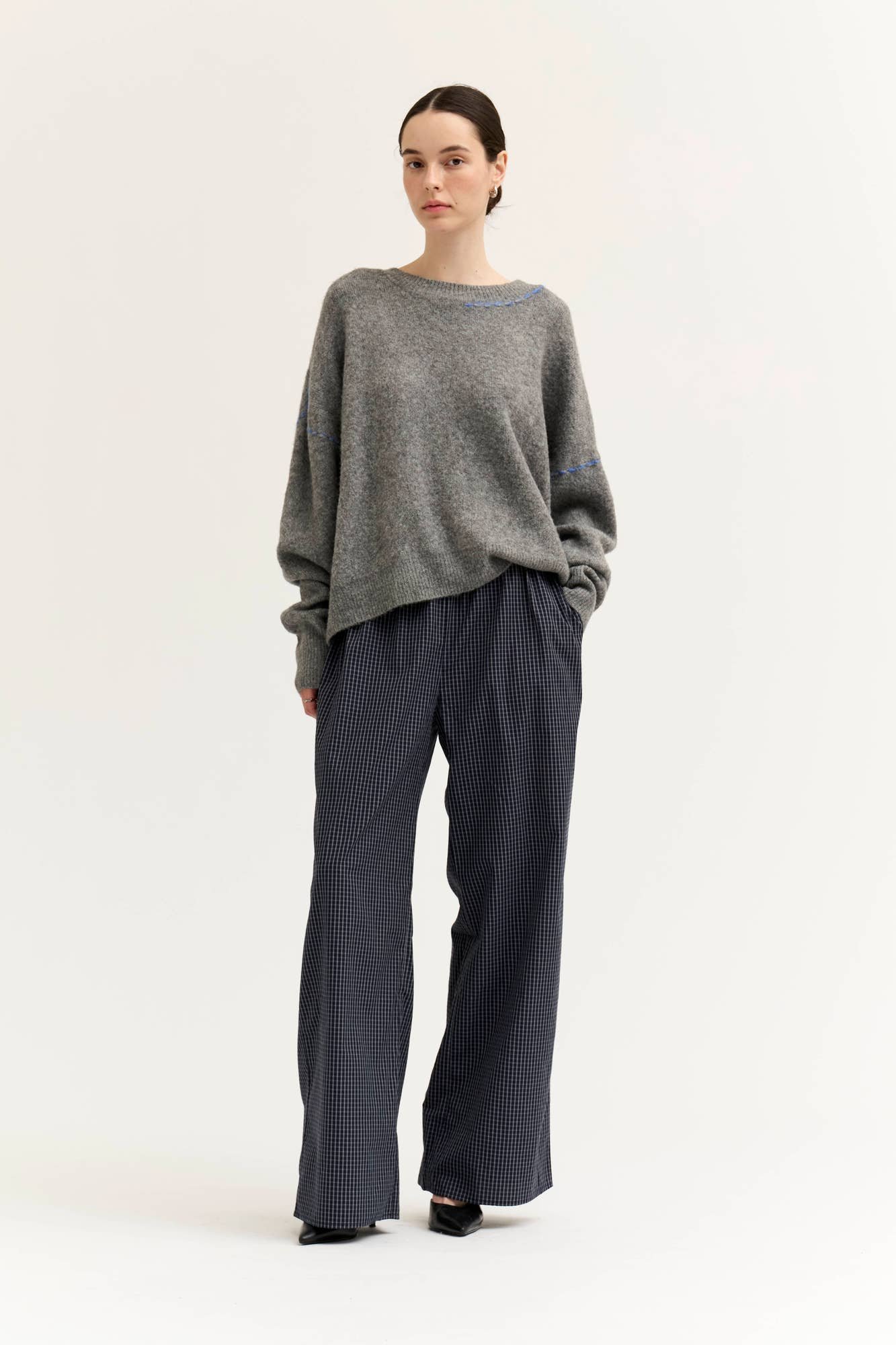 Thread Detail Boxy Sweater Gray with Cobalt