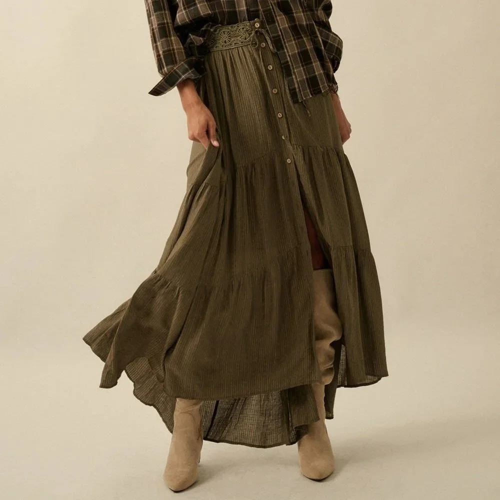 Crochet Trim Button Maxi Skirt Olive