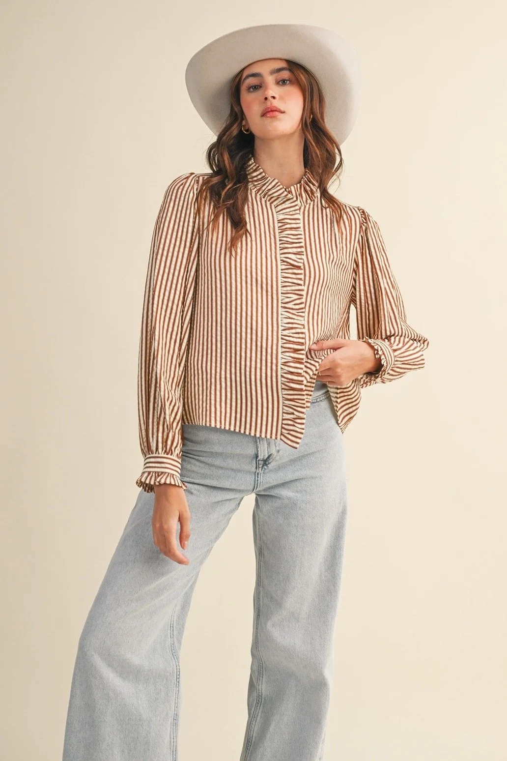Ruffle Collar Button Front Blouse Pecan Ticking Stripe