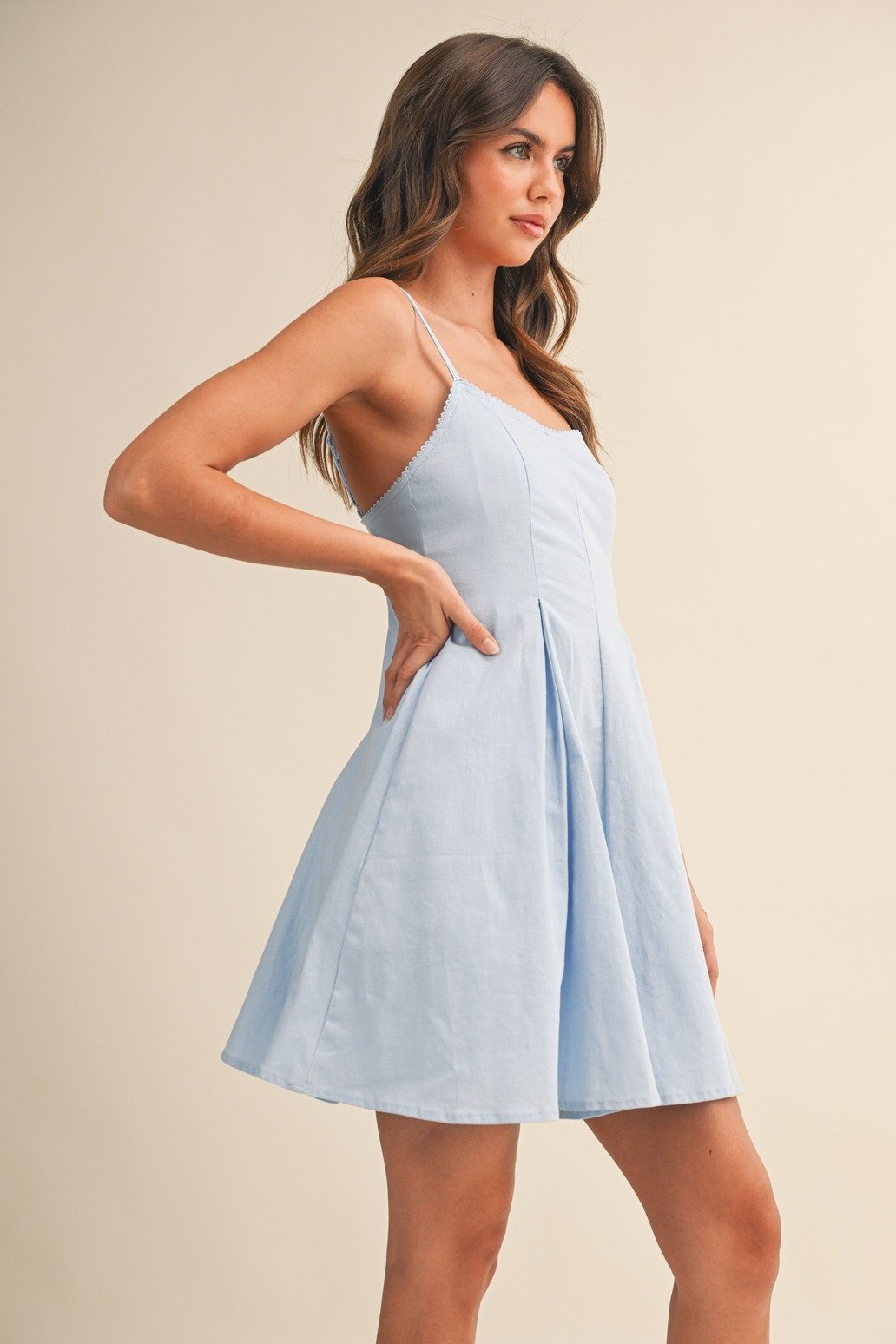 Picot Lace Trimmed Mini Dress Light Blue