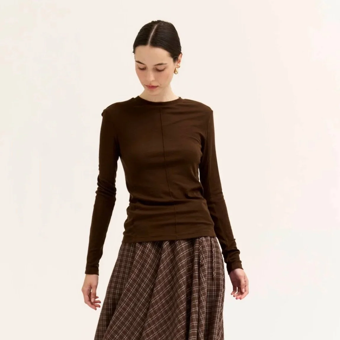 Front Seam Long Sleeve Soft Tee Chocolate