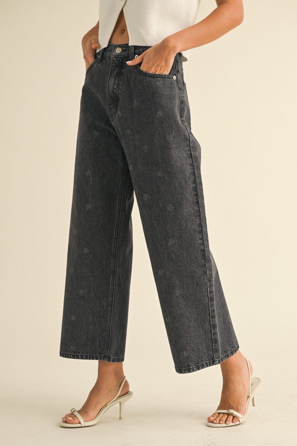 Heart Printed Denim Pants Black