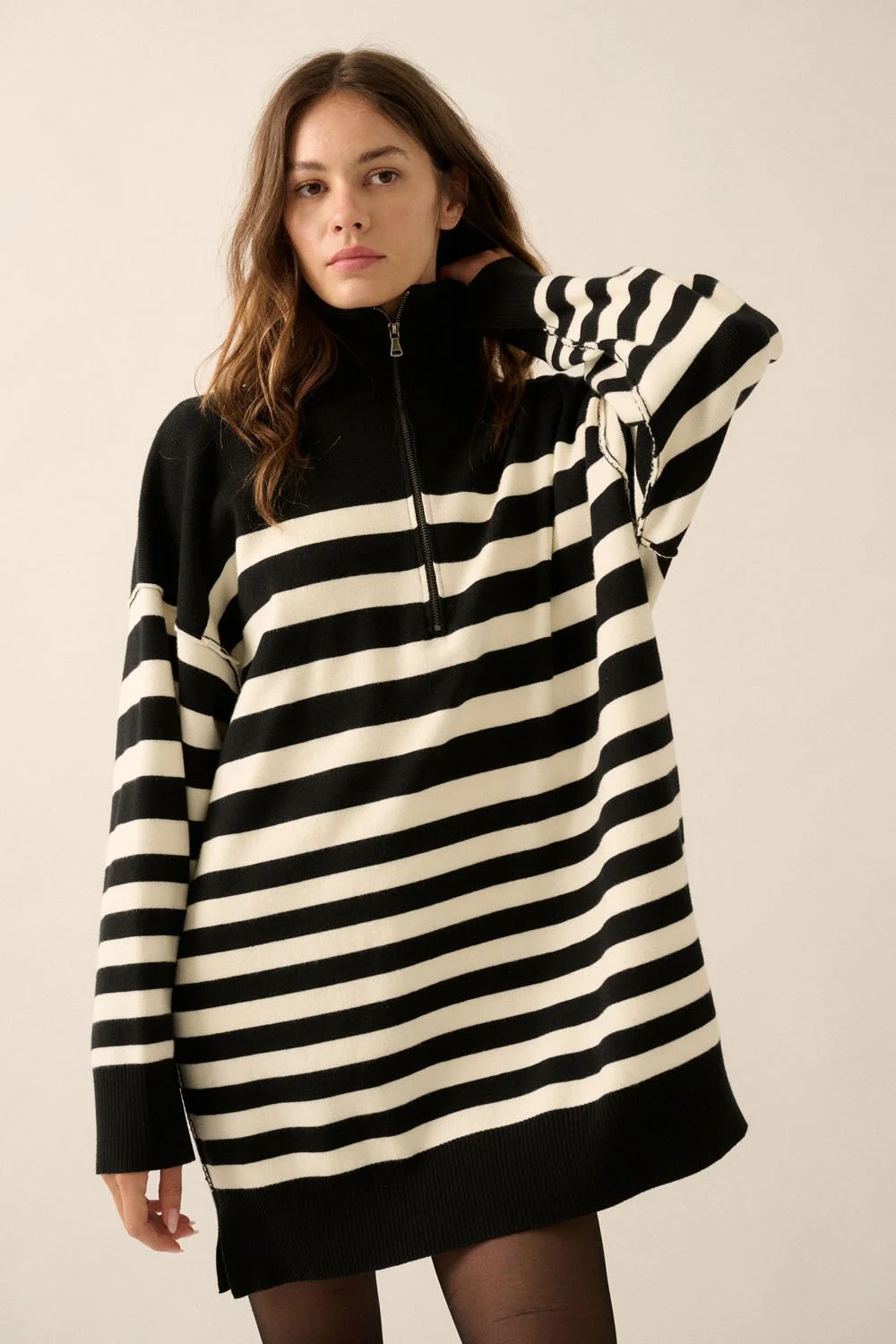 Collared Half-Zip Sweater Dress Black & Cream Stripe  Byron & Barclay