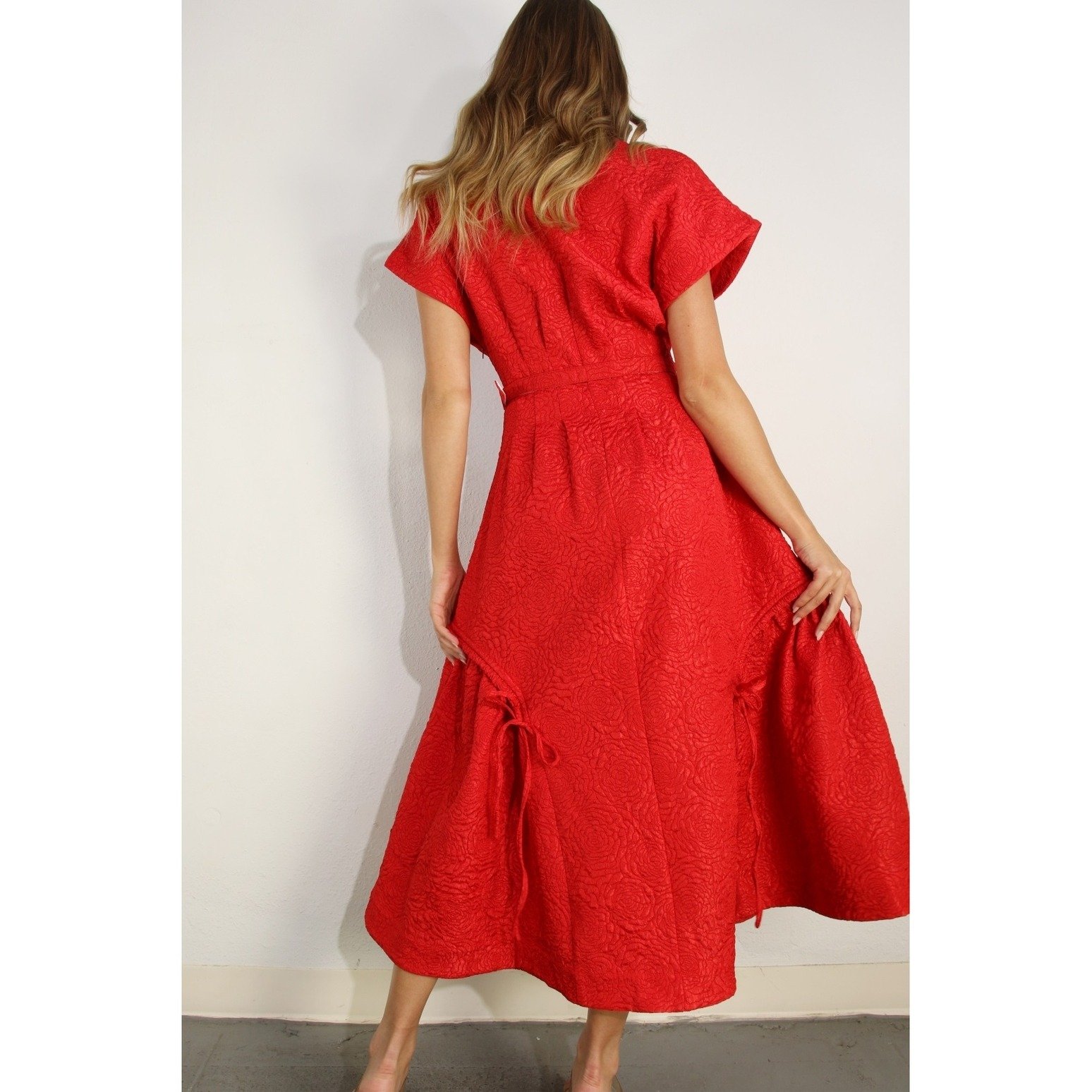 Floral Embossed Button Dress Red