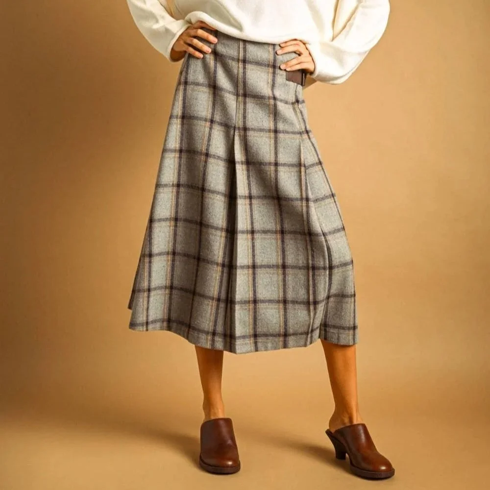 Pleated Midi Wrap Skirt Gray Multi Plaid