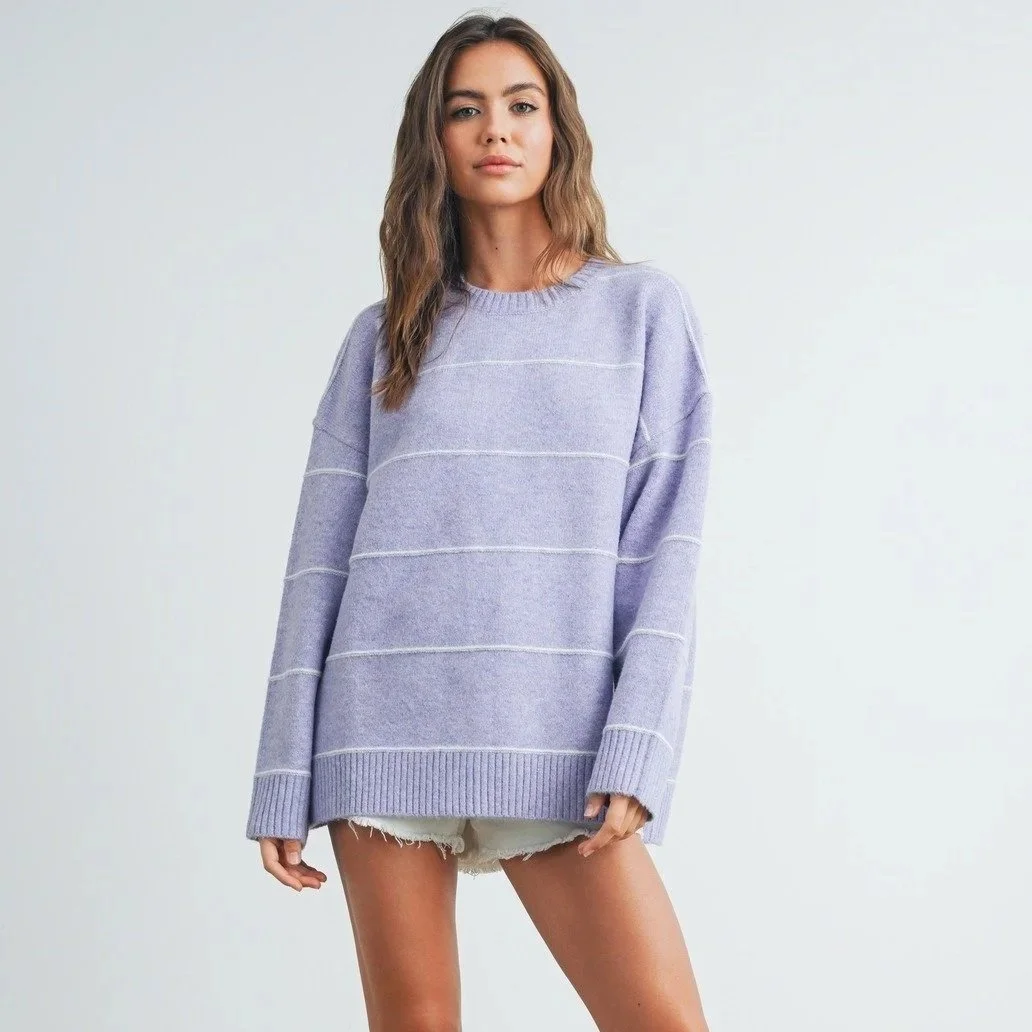 Relaxed Drop Shoulder Sweater Lavender Stripe