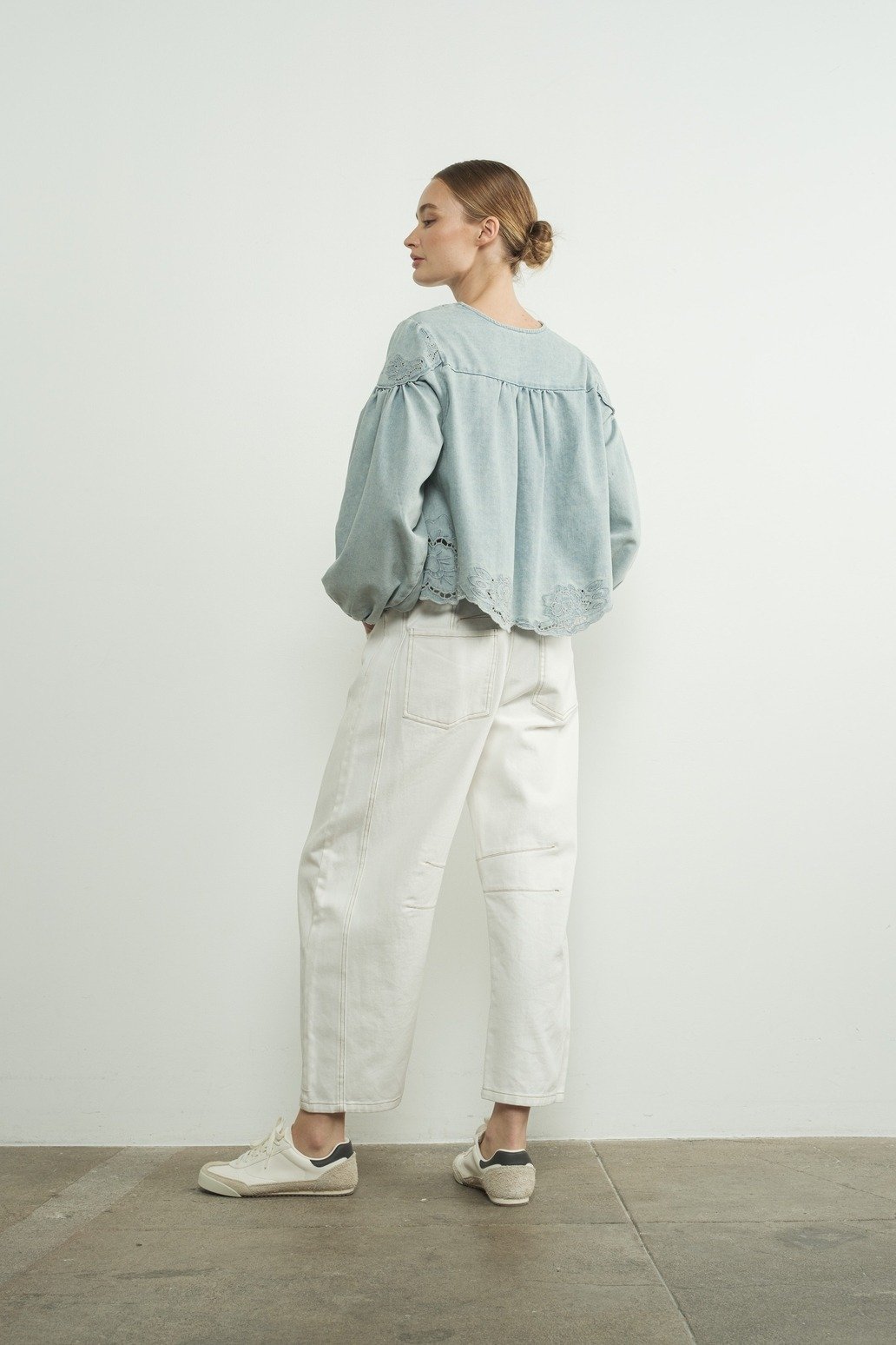 Embroidered Flower V-neck Button Blouse Denim