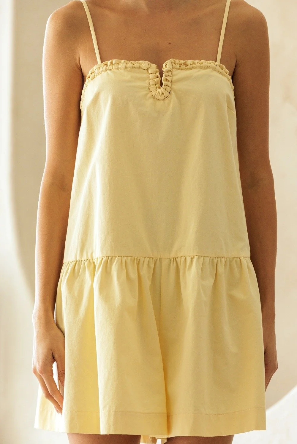 Ruffled Notch Neckline Romper Butter Yellow