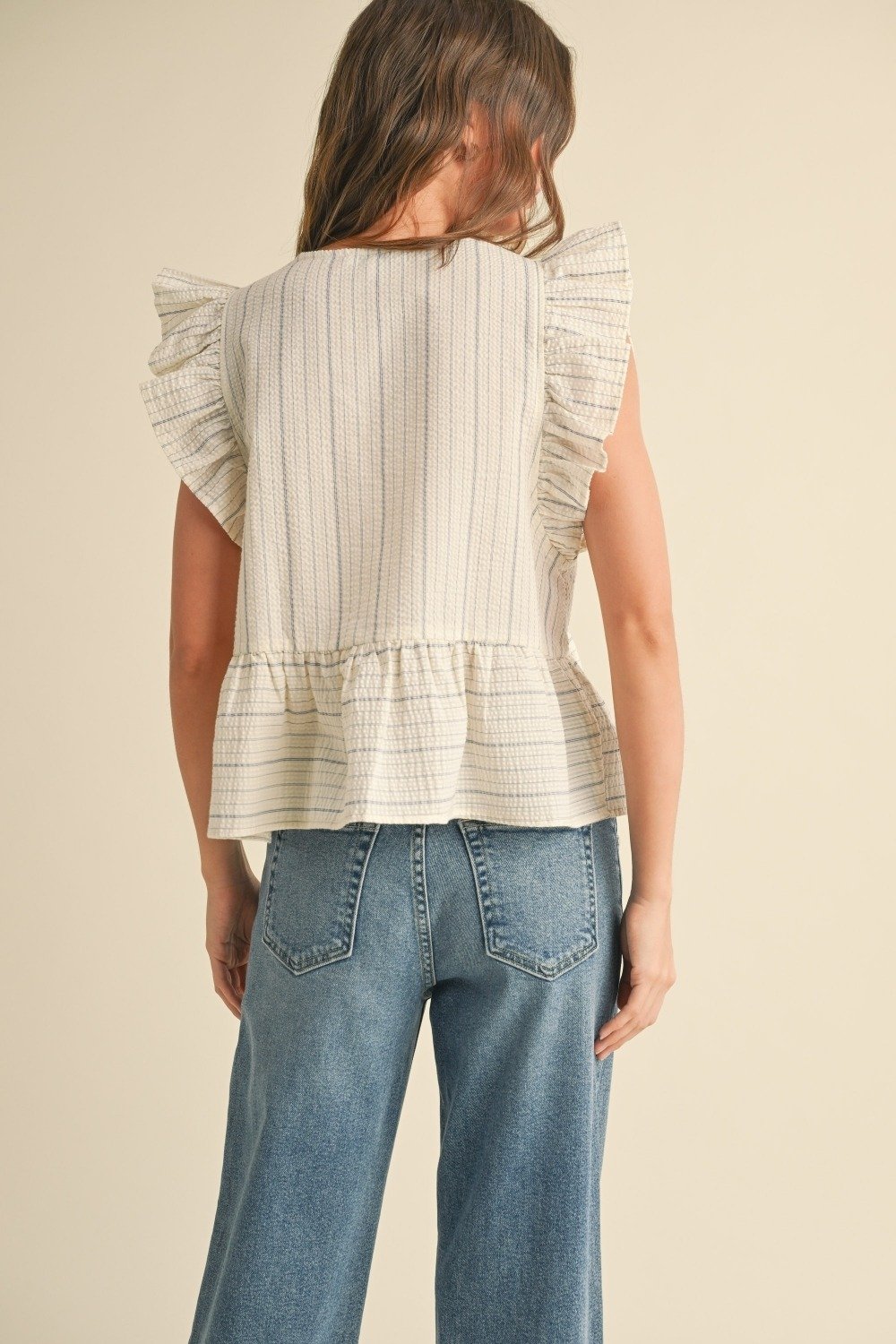 Bow Front Ruffle Blouse Blue Stripe