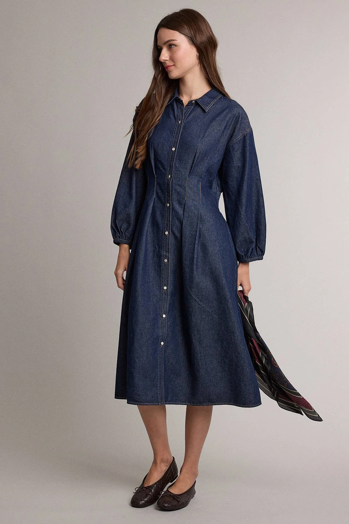 Pinch Waist Shirt Dress Dark Denim
