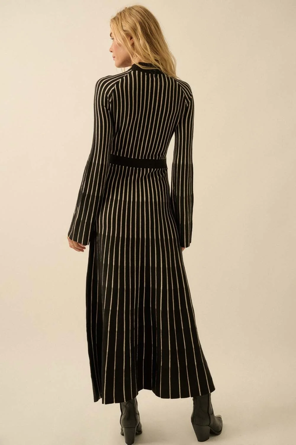Striped Bell-Sleeve Maxi Sweater Dress Black & Cream