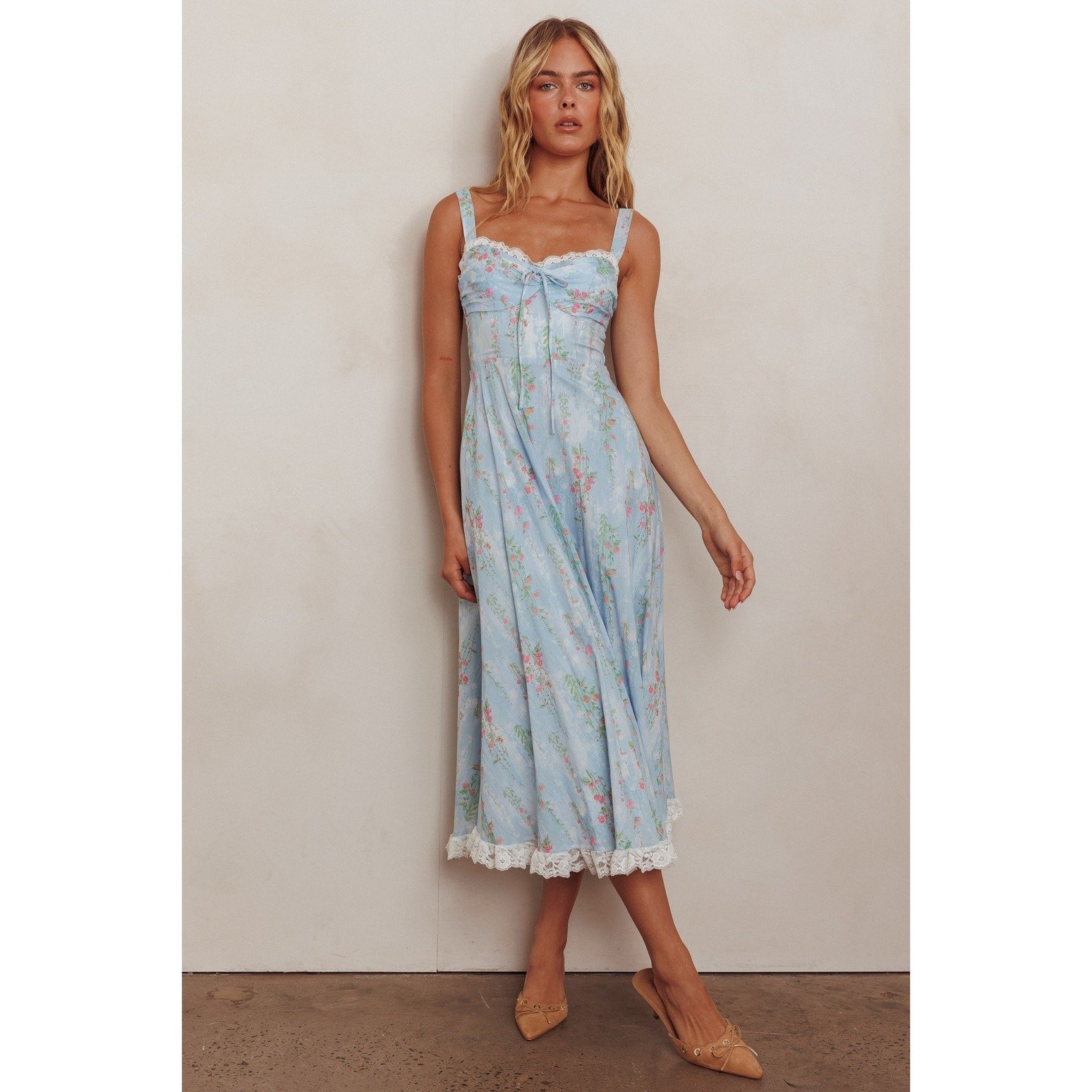 Lace Trimmed Midi Sundress Blue Floral