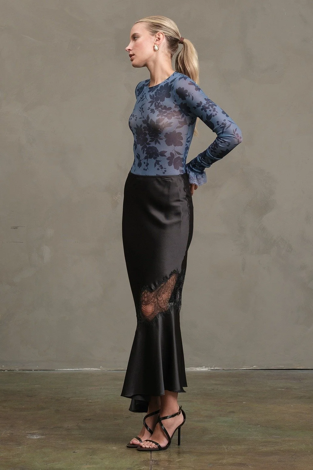 Lace Panel Satin Midi Skirt Black