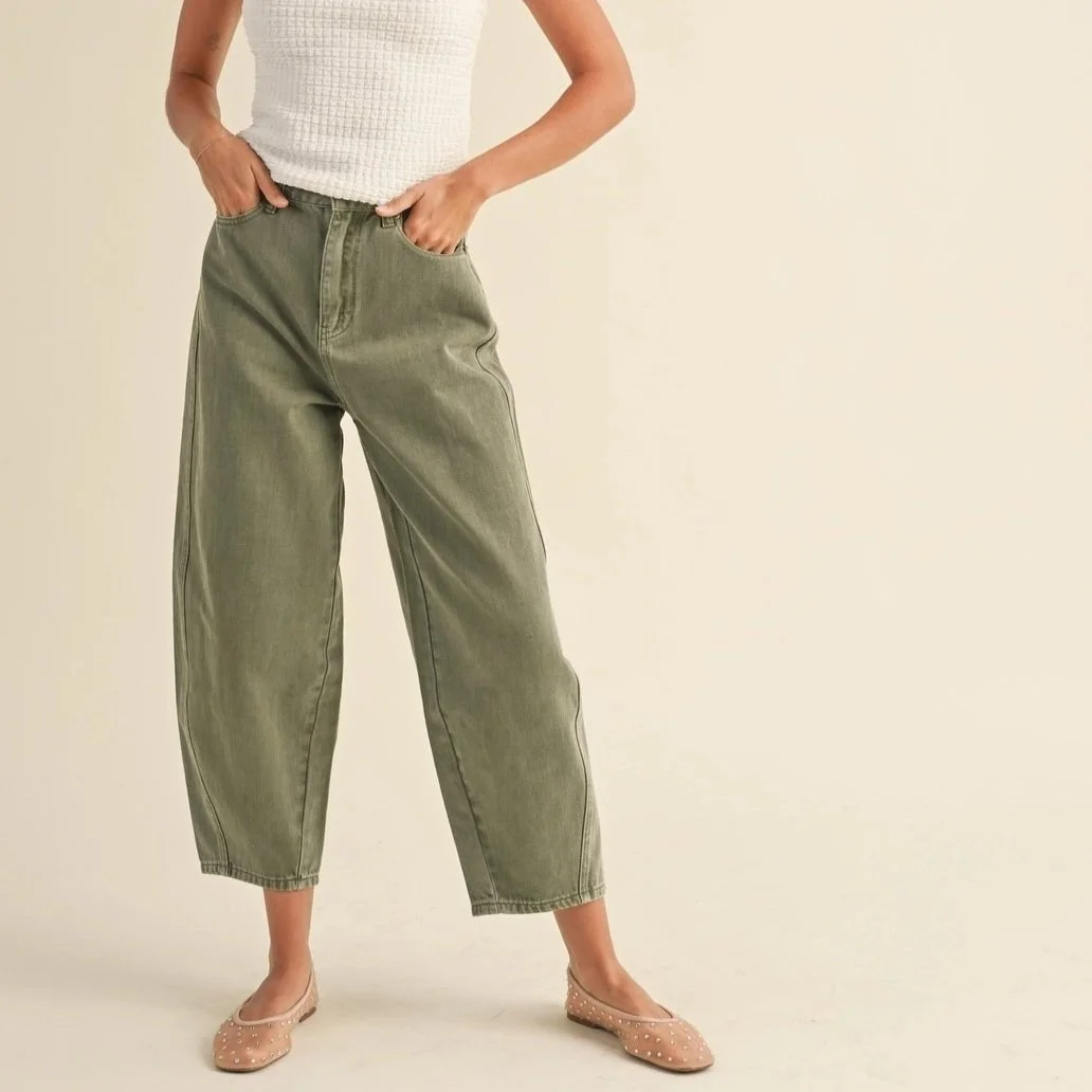 Stone Washed Barrel Jeans Olive