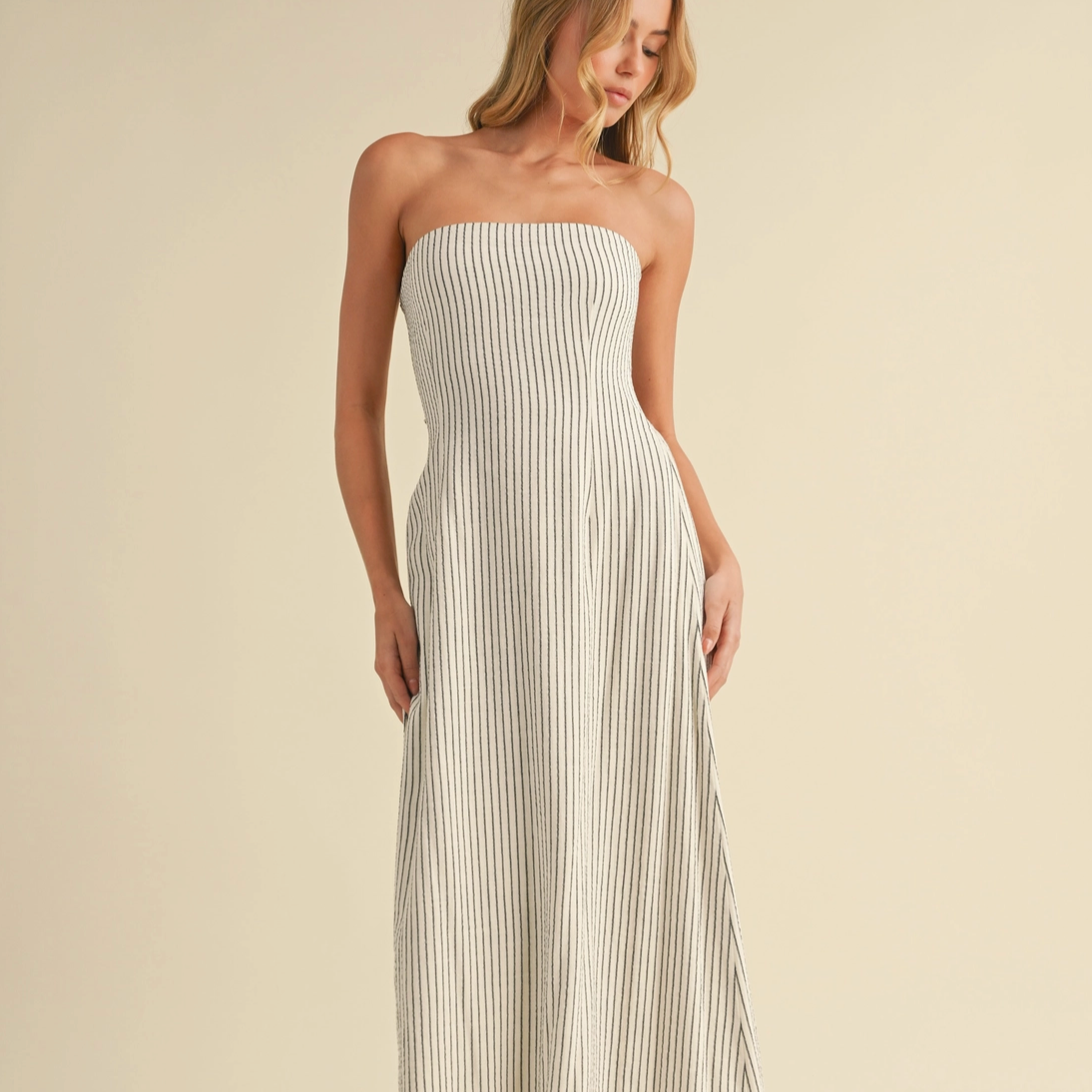 Strapless Tie Back Maxi Dress Linen Stripe