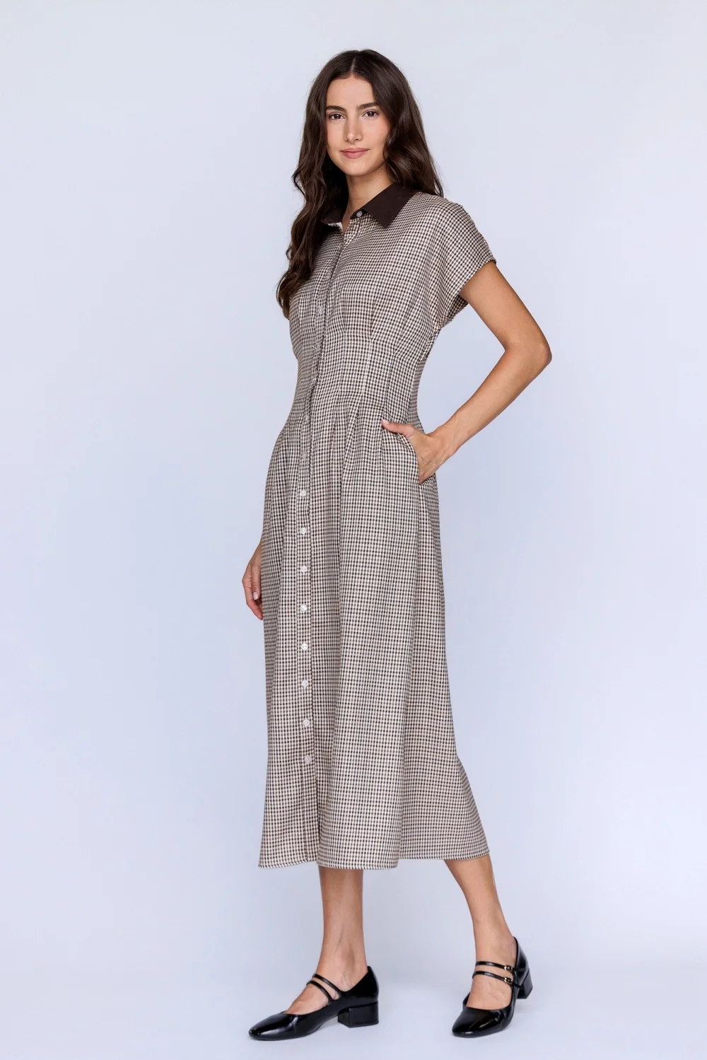 Pinch Pleat Collared Button Down Midi Dress Houndstooth