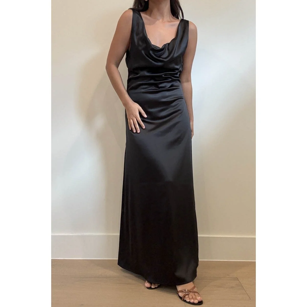Cowl Neck Plunging Back Satin Dress Black