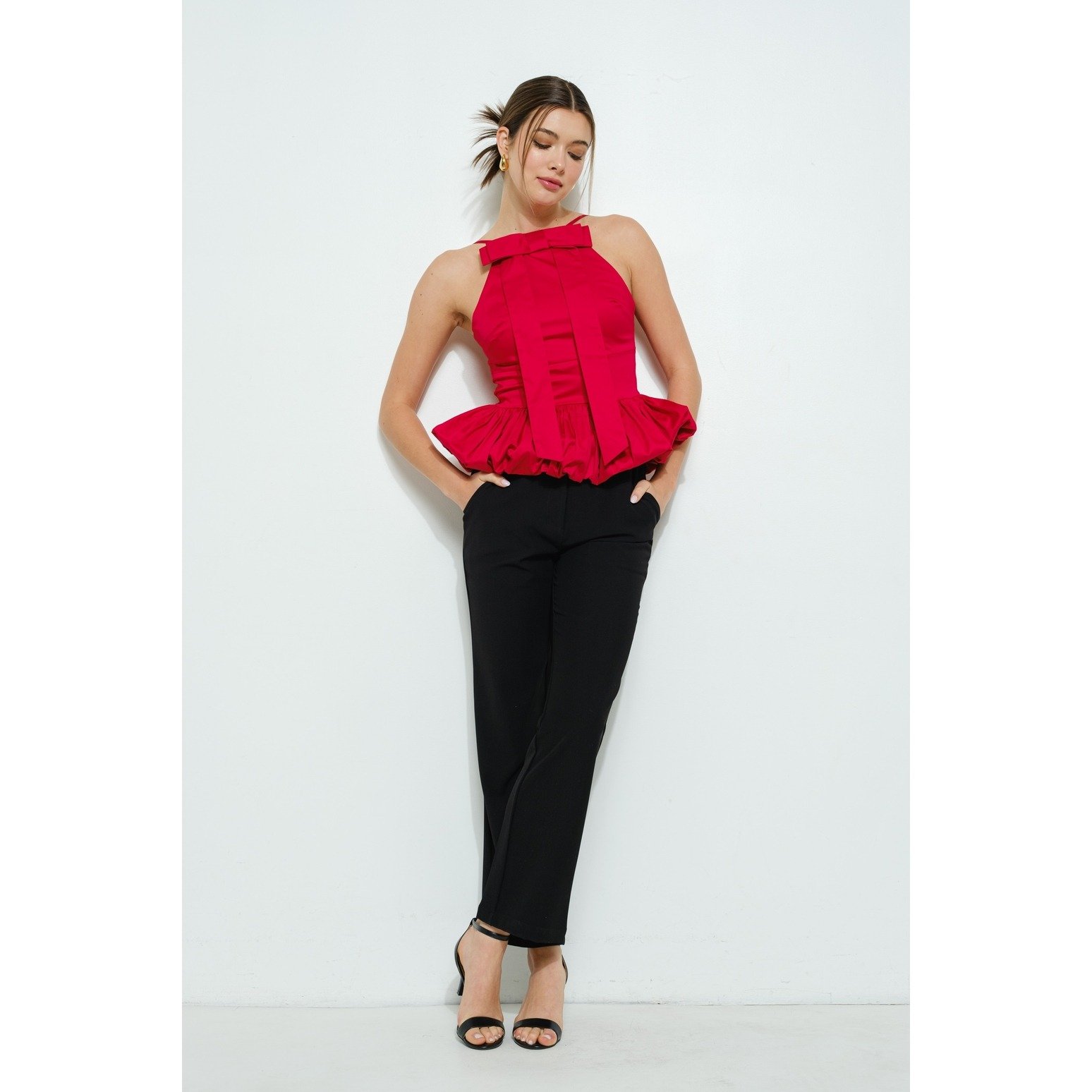 Bow Front Bubble Hem Top Red