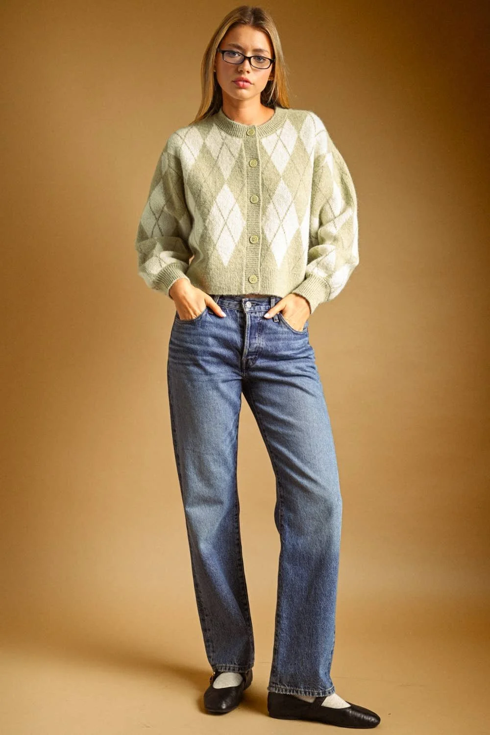 Argyle Button Front Cardigan Matcha