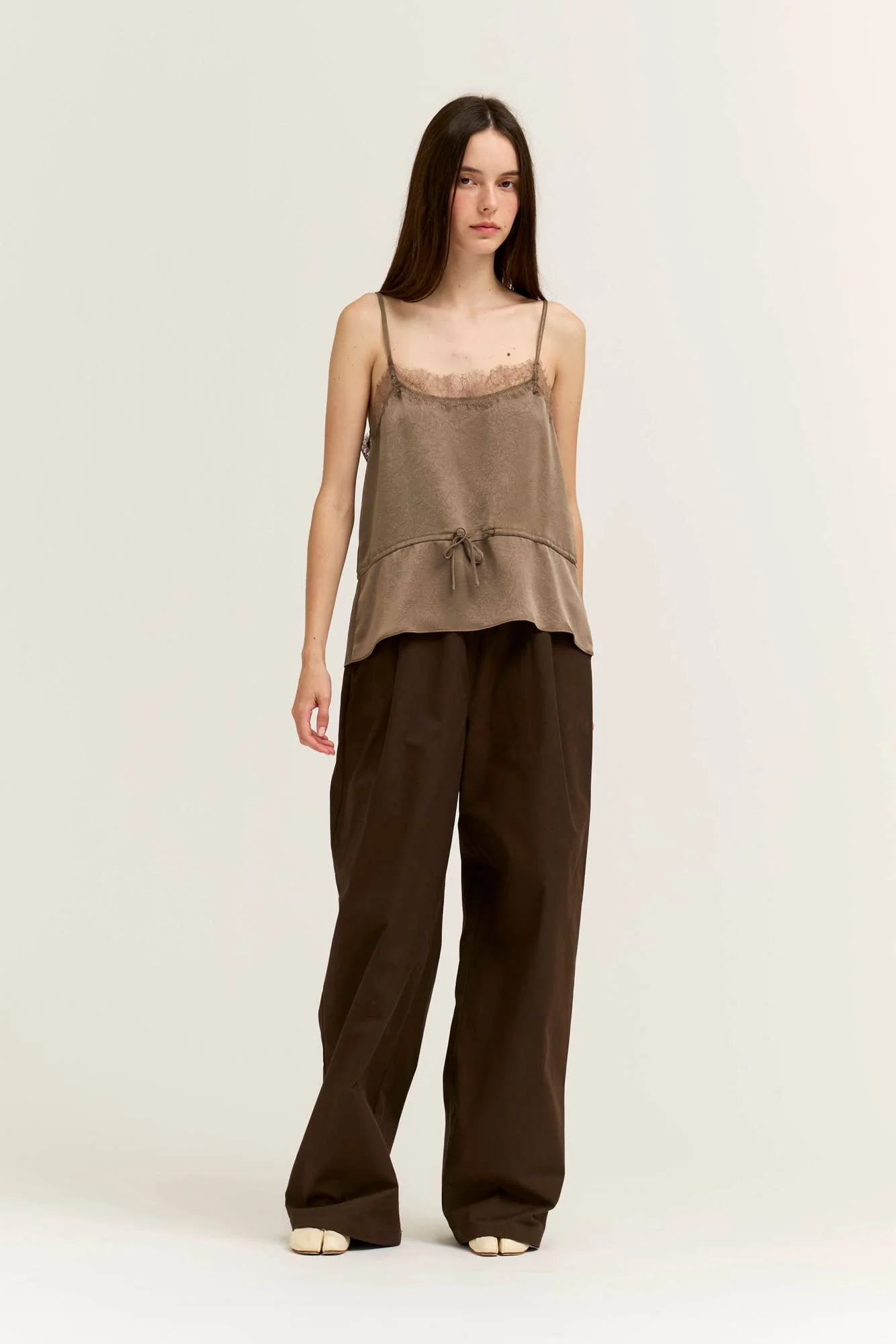 Crinkle Satin & Lace Slip Top Mushroom Taupe
