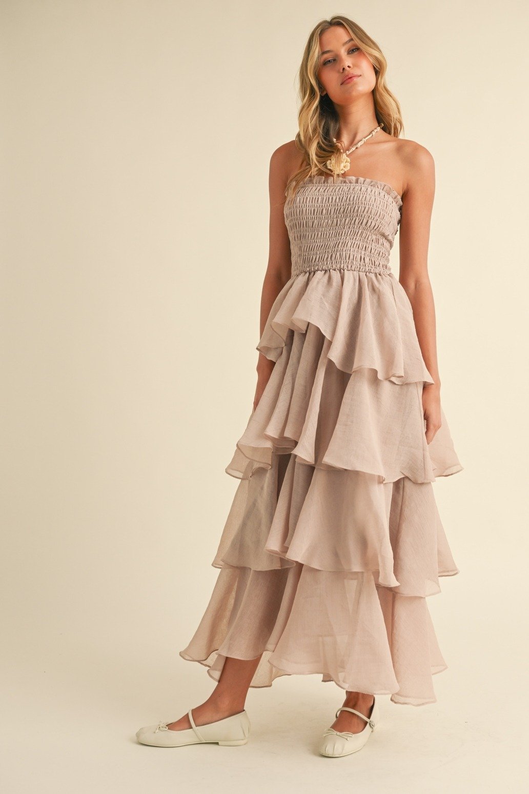 Smocked Tiered Ruffle Maxi Dress Taupe