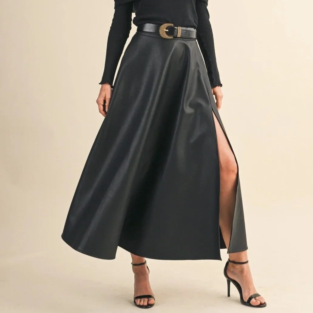 Faux Leather A-line Maxi Skirt Black