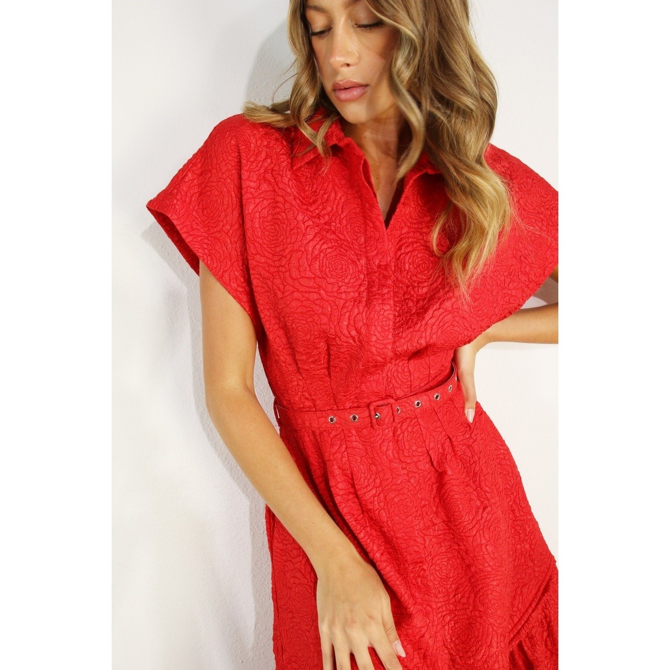 Floral Embossed Button Dress Red