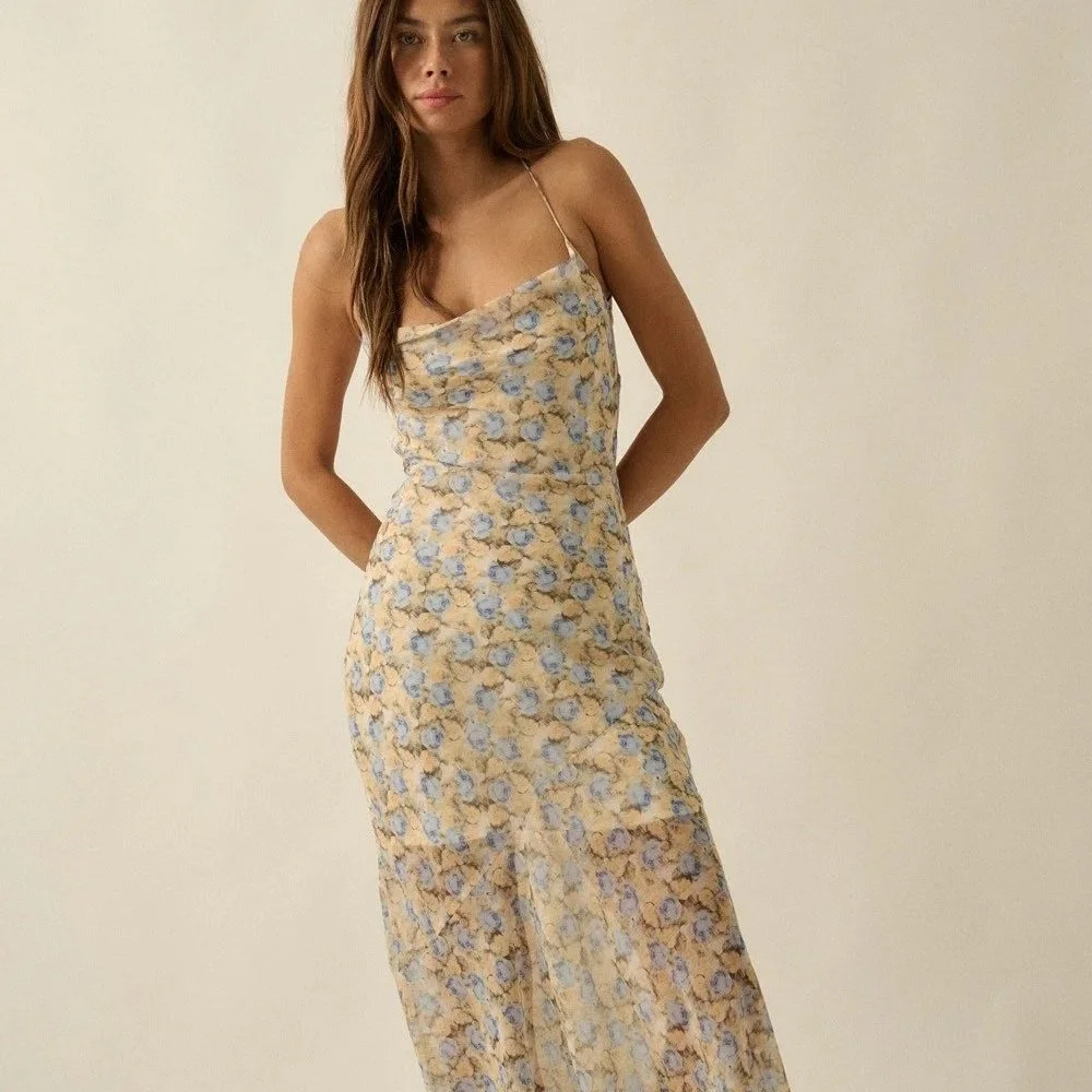Chiffon Strappy Back Maxi Dress Butter & Baby Blue Floral